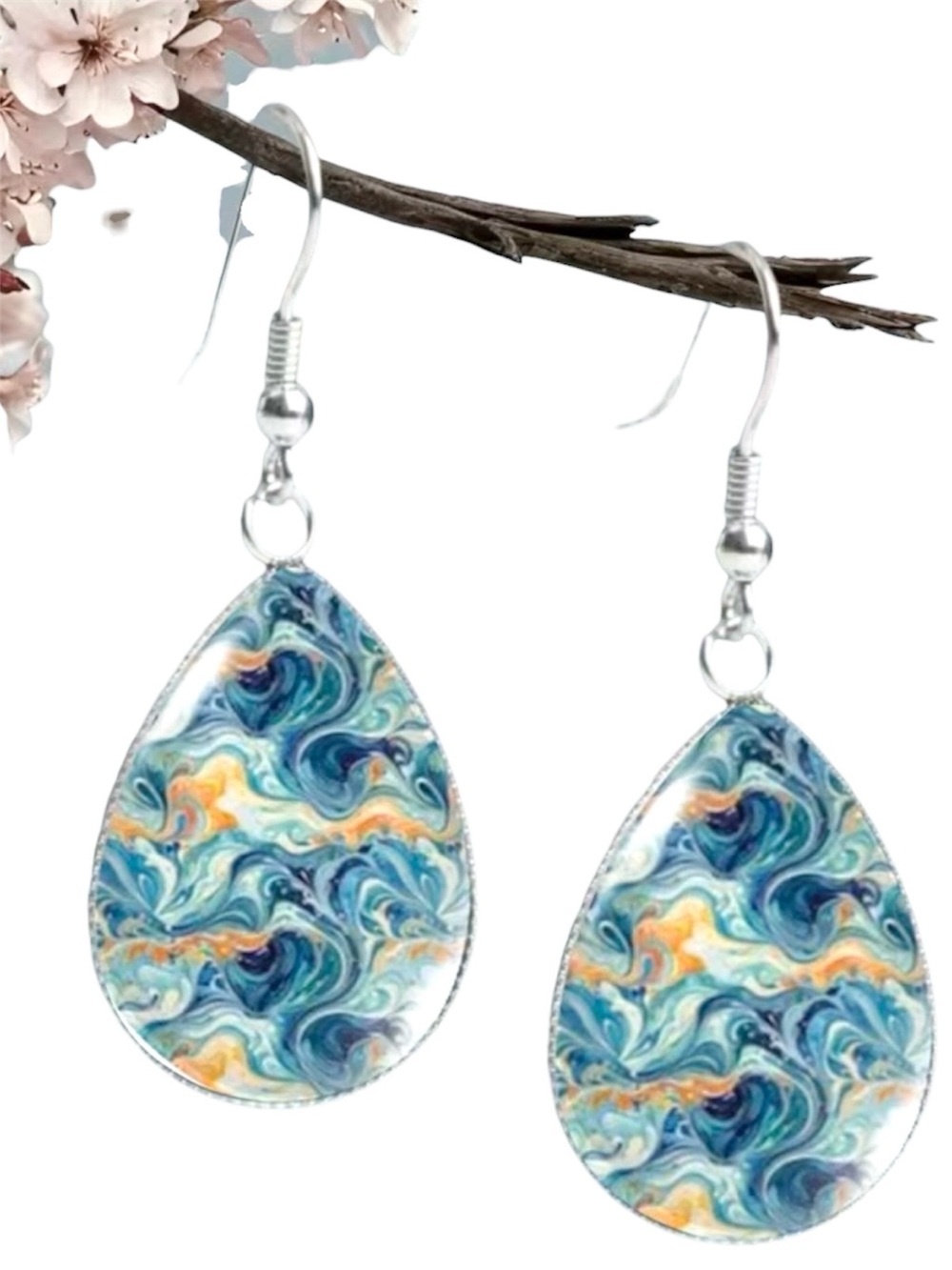Blue & Green Swirl Teardrop Glass Cabochon Teardrop Dangle Earrings